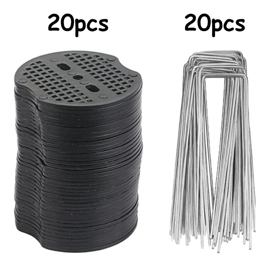 

20Pcs U-Shaped Garden Stakes & 20Pcs 3-Hole Washers Turf Nails for Securing Weed Tents & Lawn Turf Outdoor Landscaping Anchors