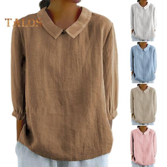 Women Shirt Doll Collar 3/4 Sleeve Pullover Tops Solid Color Loose Fit Thin Shirt Tops Casual Daily Wear