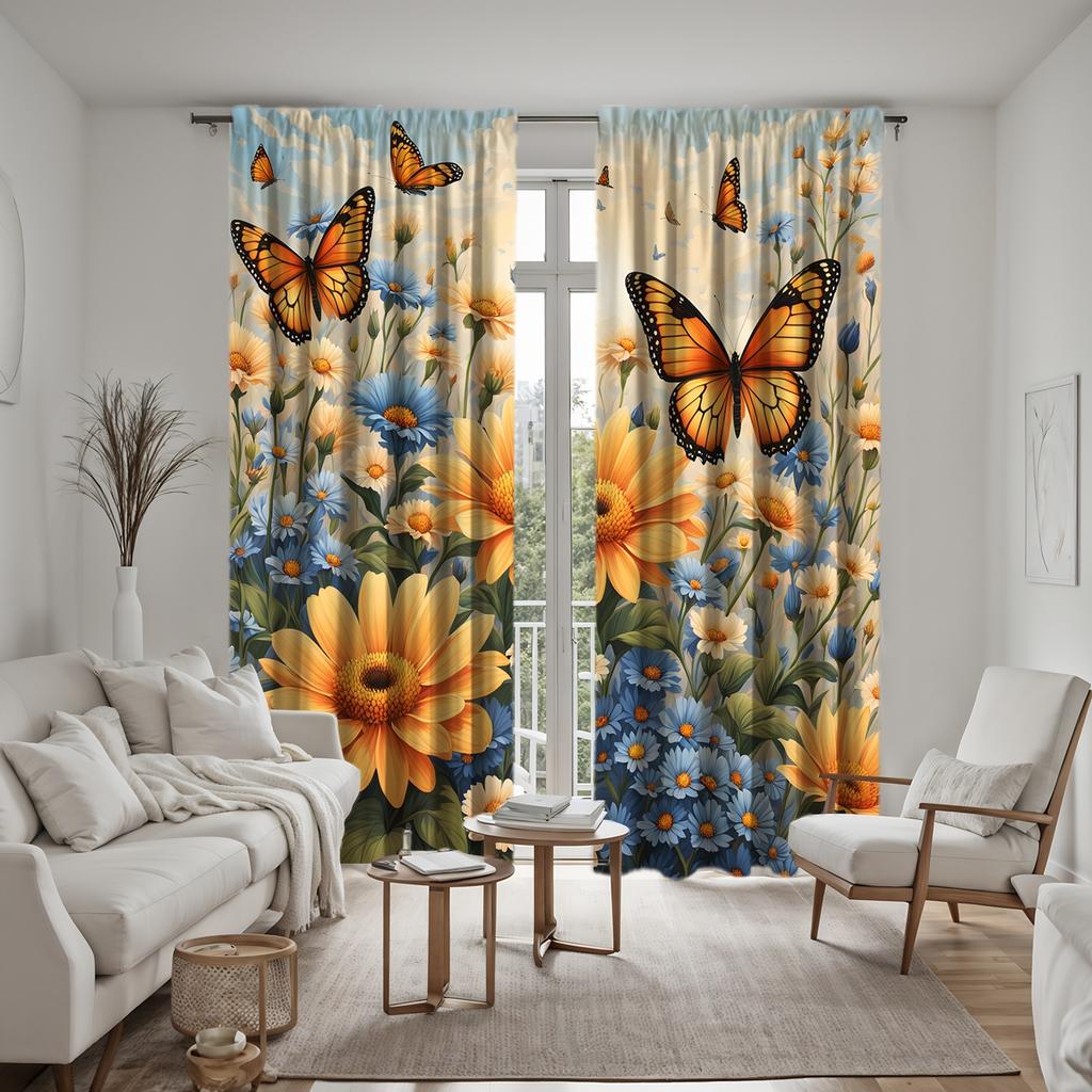 2 stücke HD garten gänseblümchen schmetterling dekorative vorhang Gelb krawatte digital gedruckt vorhang Home Decor stil Dekorative wohnzimmer