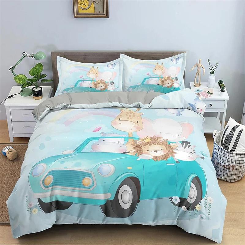 Cartoon Animal Duvet Cover Set Kids Lion Hippo Giraffe Pattern Bedding Set,Duvet Cover Comforter Bed Set Quilt Cover Pillowcase