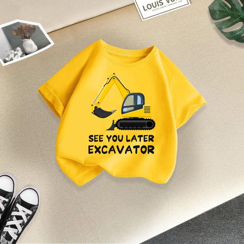 2025 Children Cute Excavator T-Shirt Combination Cartoons Bulldozer Tee Shirts Kawaii Kid Casual Clothes Girl Boy Harajuku Tops