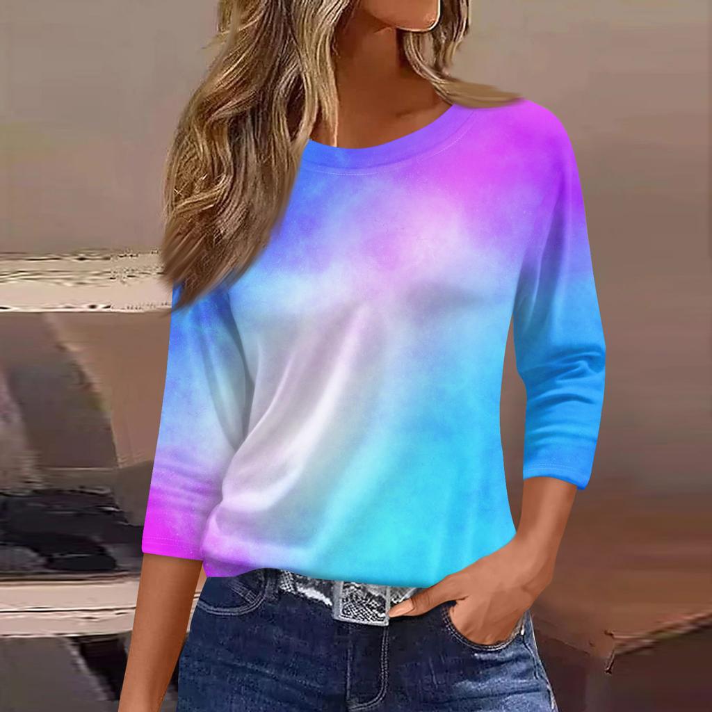 Moda damă ocazional decolteu rotund mâneci 3/4 tricou imprimat largi Top dama