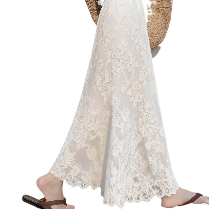Design Estivo, Temperamento Chic, Sensazione di Pendente, Gonna Lunga in Pizzo Bianco, Gonna Lunga a Vita Alta Sottile a Forma ad A da Donna, Gonna Midi in Pizzo Bianco a Vita Alta