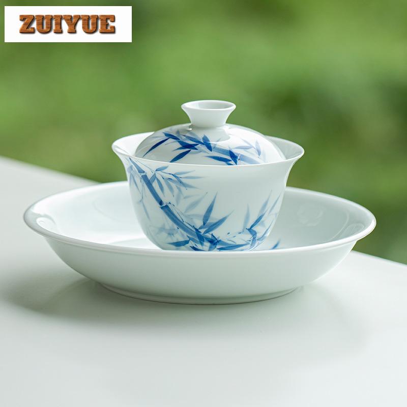 130ml Hand-painted Bamboo Blue And White Gaiwan Antique Tea Tureen Tea Bowl With Lid Kit Tea Maker Cover Bowl Teaset Ornaments