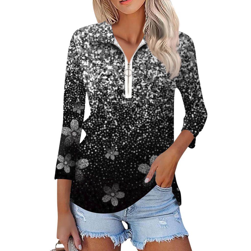 Women's Summer Fashion Casual Printed V-Neck Seven-Point Sleeve   Shirt Top