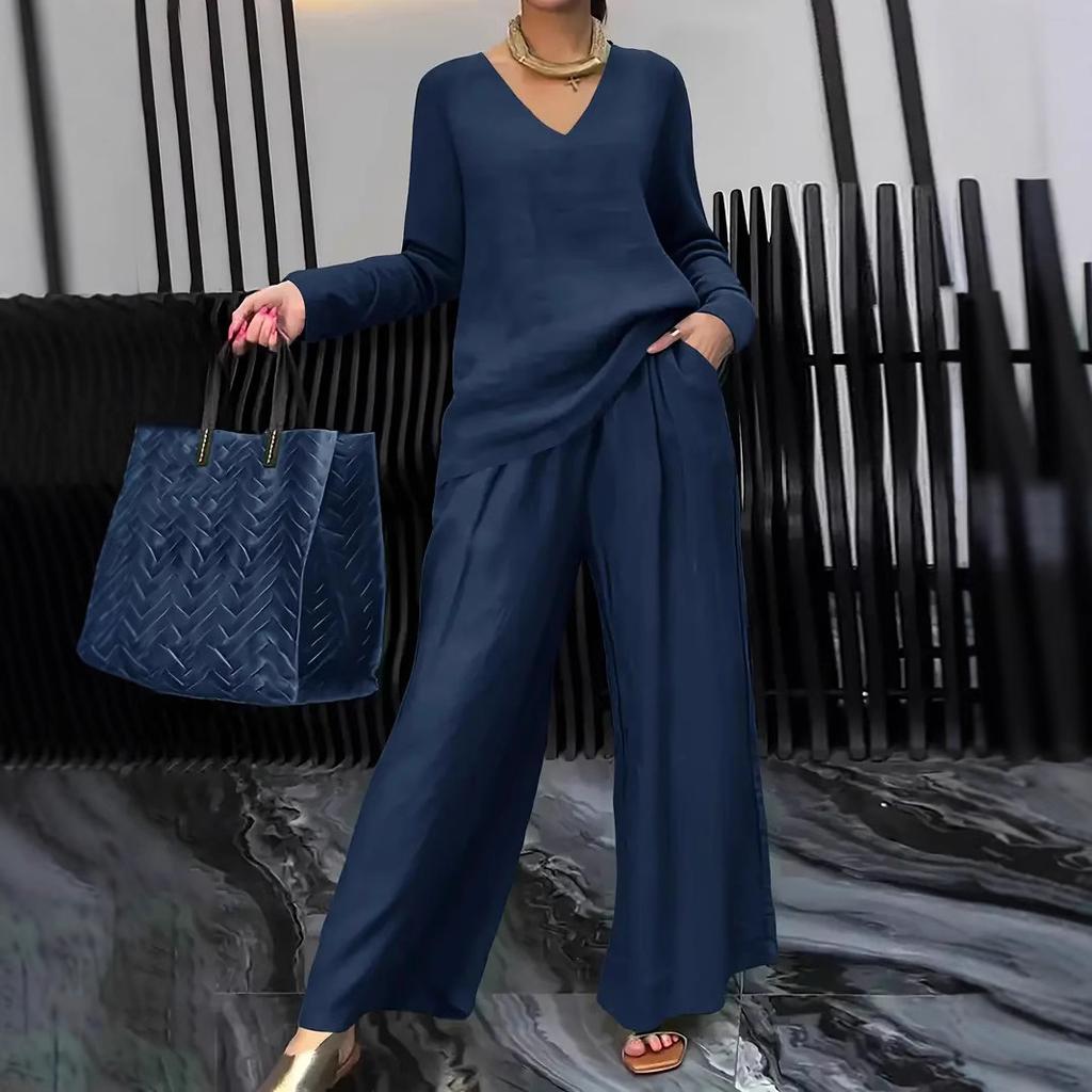 Damen Royalblau V-Ausschnitt Langarm Top und Weite Hosen Set