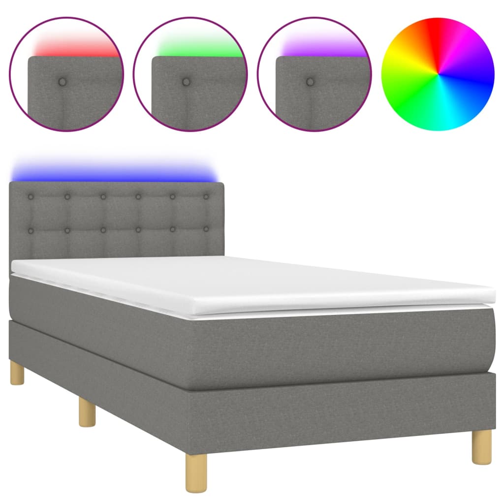 Box Spring Bed with Mattress & LED Dark Grey 100x200 cm Fabric