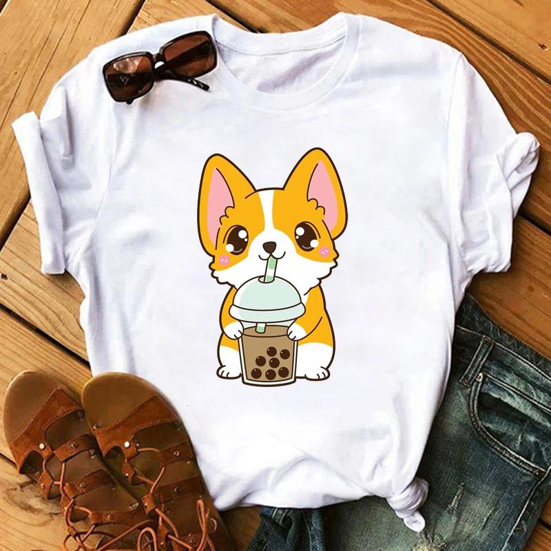 Maycaur Funny Cute Corgi Dog Printed TShirt Harajuku 90s Kawaii Women Short Sleeves T Shirts Tops Graphic Tees Female Tshirt