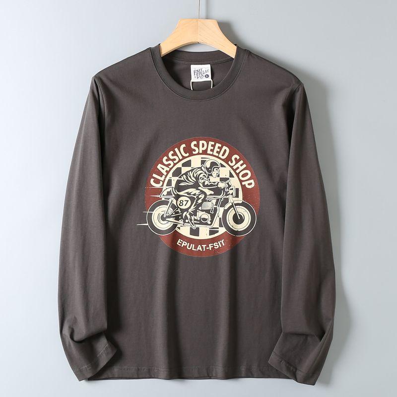 Original Export Surplus Soft and Skin-Friendly Casual Versatile All-Cotton Motorcycle Print Long-Sleeve T-Shirt for Men Trendy
