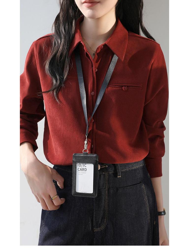 Women's Retro Red Lapel Shirt - 2026 Spring/Autumn Brushed Long Sleeve Top