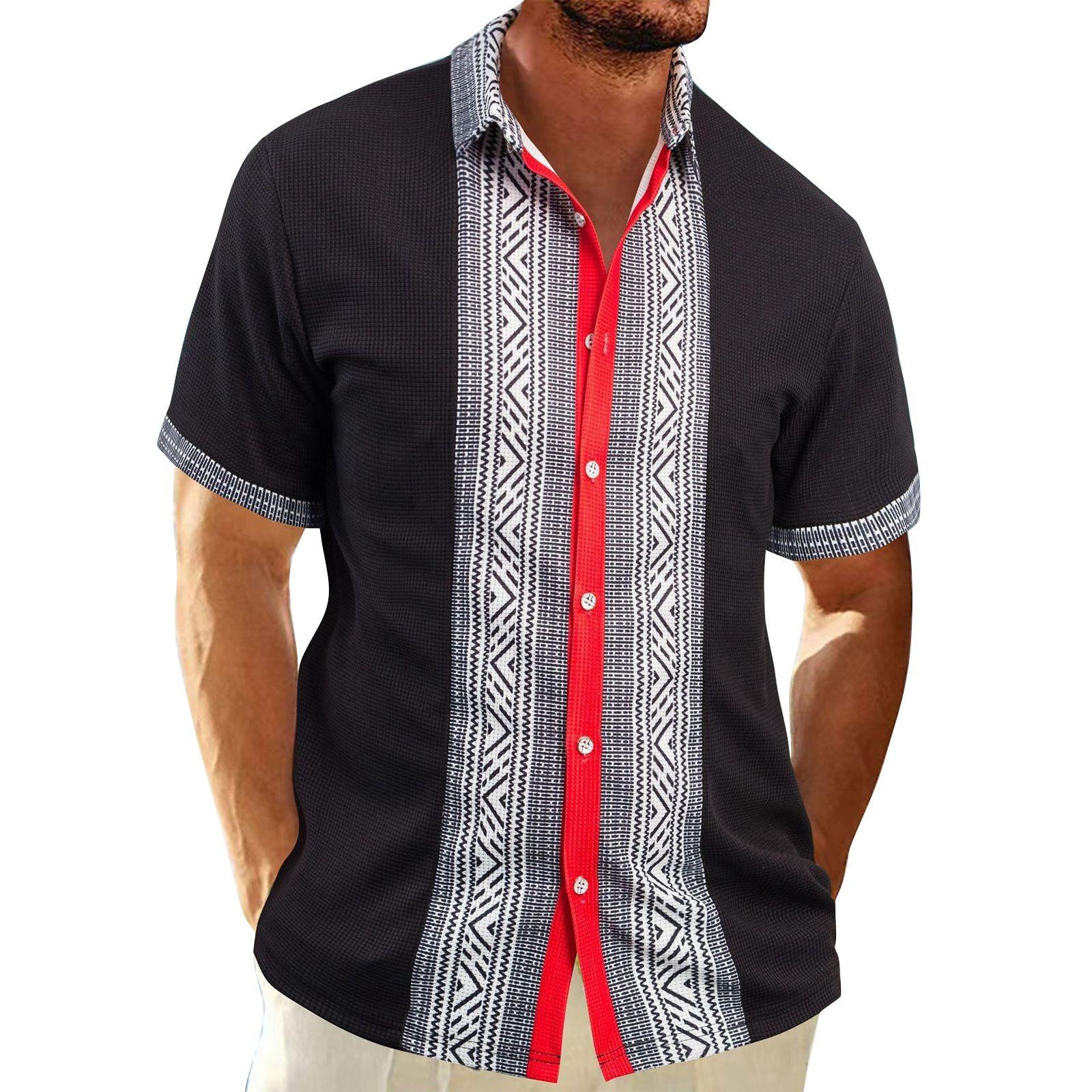 

Мужская повседневная деловая рубашка с коротким рукавом и ретро-принтами, мужская рубашка с воротником-лацкан на пуговицах L чёрный