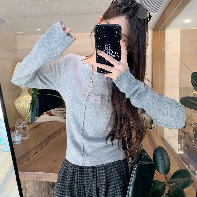 Gray Long-sleeve Knitwear for Women Autumn Sweater Inner Base Layer Gentle and Sweet Slim-fit Top