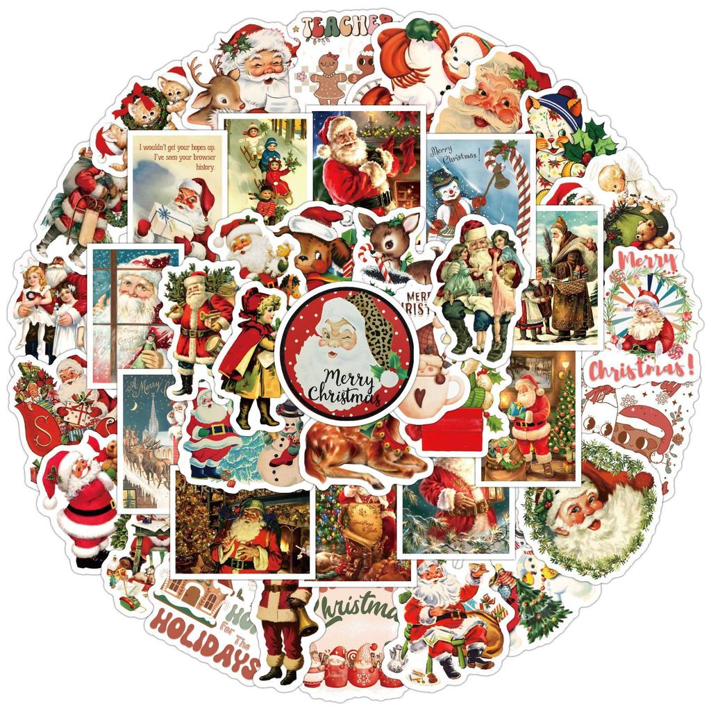 60 Retro Christmas Stickers Decorate Luggage Refrigerator Water Cup Computer Waterproof Stickers