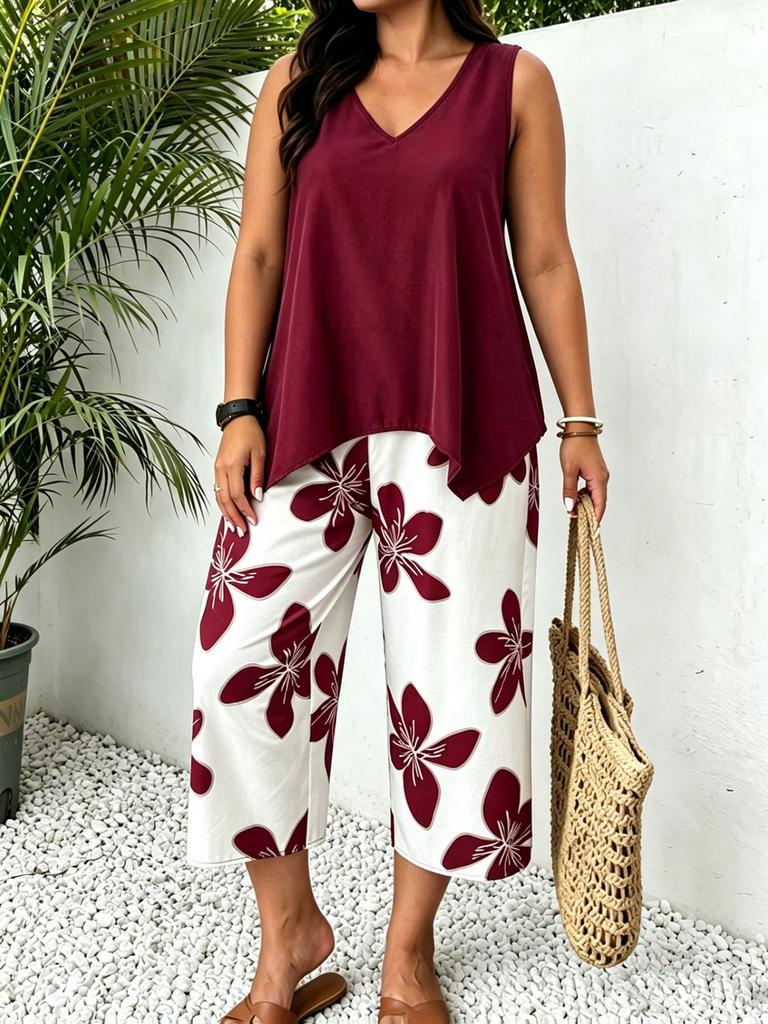 European and American cross-border TK Amazon Temu hot sale 2026 summer sleeveless V-neck top wide-leg cropped pants two-piece set