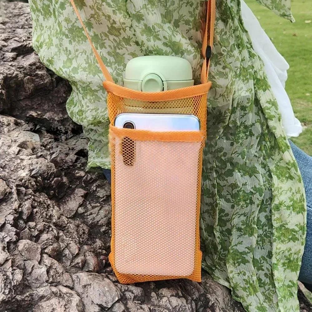 Travel Outdoor Sport Water Bottle Cover Portable Mesh Cup Pouch with Strap Mobile Phone Bag Visible Bag Camping Accessories