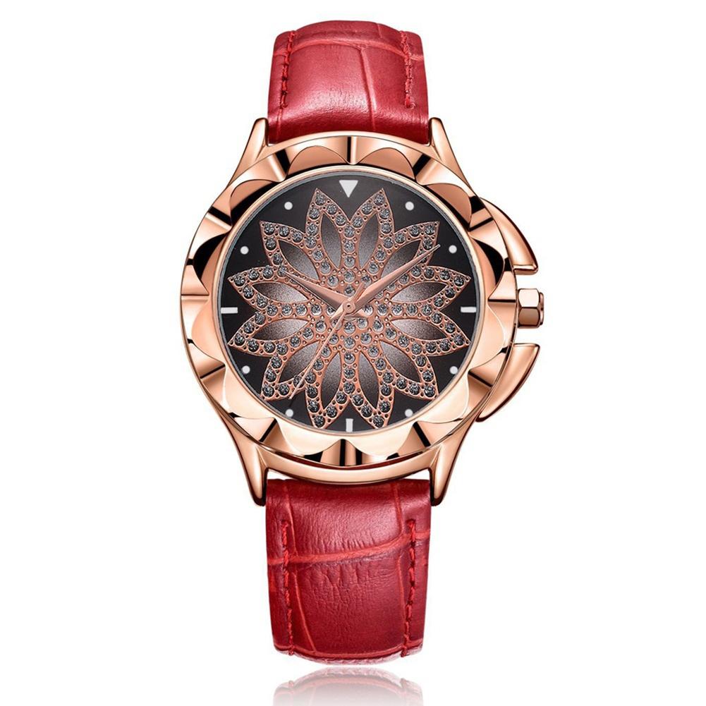 Luxury Rhinestone Inlaid Flower Shaped Women Wrist Watch Leather Strap Quartz Watch