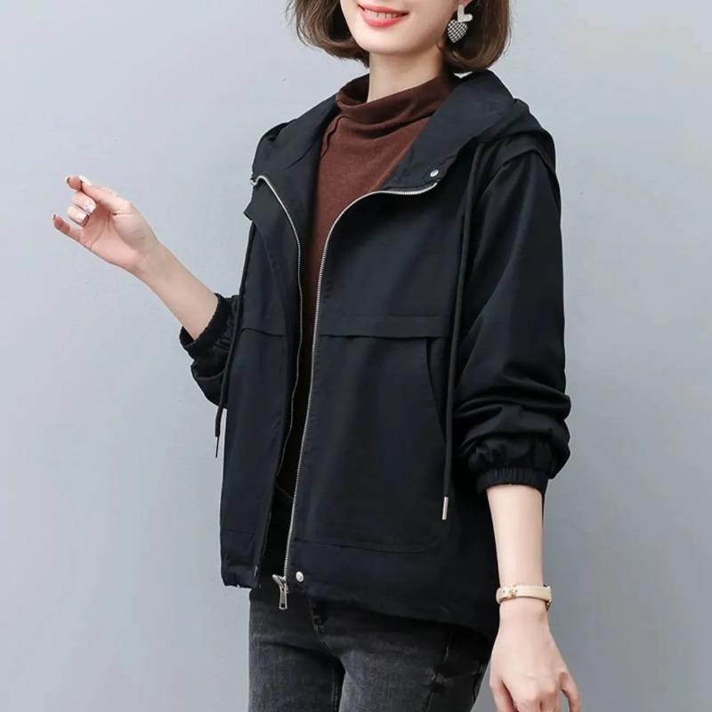 

Повседневная короткая куртка женская осенняя куртка с капюшоном 2025 новая свободная однотонная куртка M чёрный