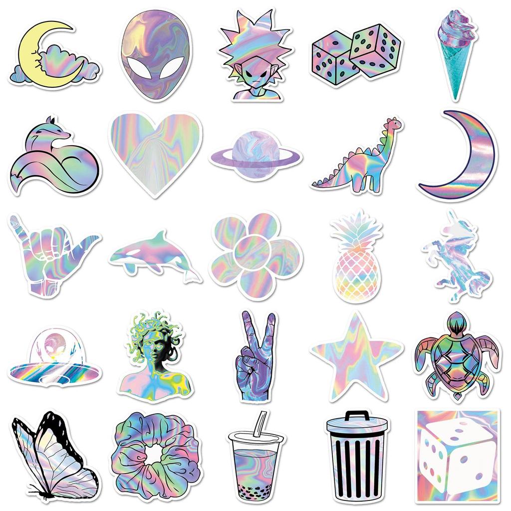 50 PCS Holographic Graffiti Stickers - Creative DIY Laser Decals for Skateboard Cup Luggage Phone Tablet Laptop