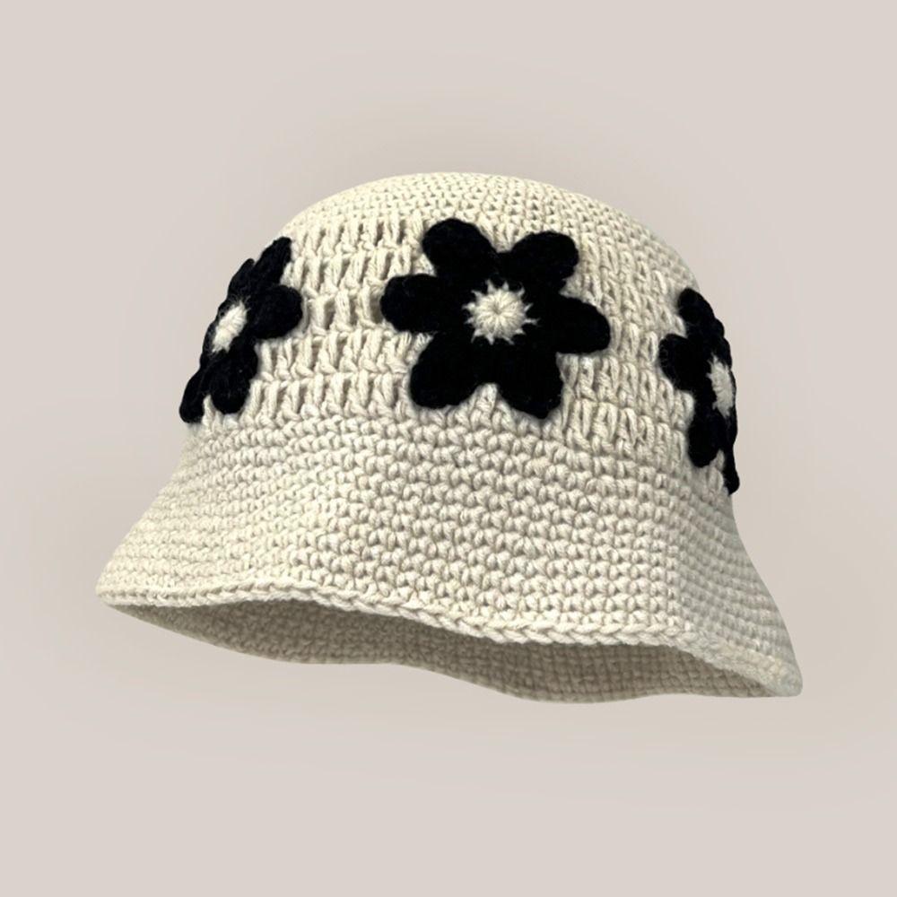 Knitted Bucket Hat Flower Panama Hat Portable Fisherman Cap  for Women