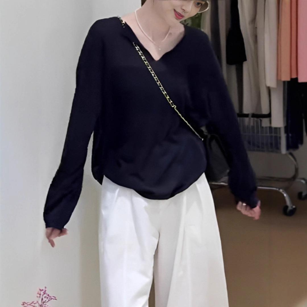 

Жіноча футболка великого розміру у французькому шику з V-подібним вирізом, легка, з довгим рукавом, для осені та весни XL (suggested 110-130 jin) чорний