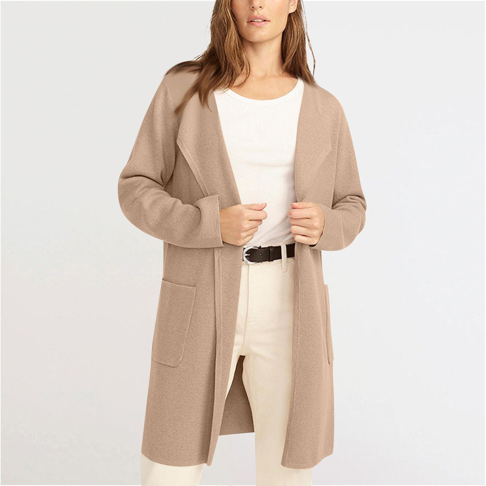 

Женский однотонный кардиган с лацканами, твидовое хлопковое пальто, куртка с длинными рукавами и карманом S хаки