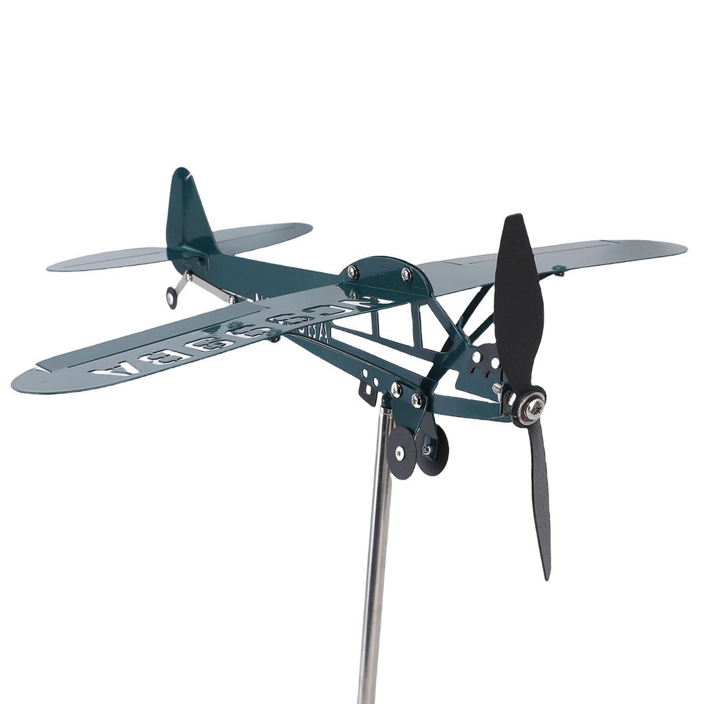 Eisenkunst Flugzeug Windmühle Drehende Wetterfahne Dekoration für Außen Garten Terrasse Hof Zaunpfosten Garage Dunkelgrün