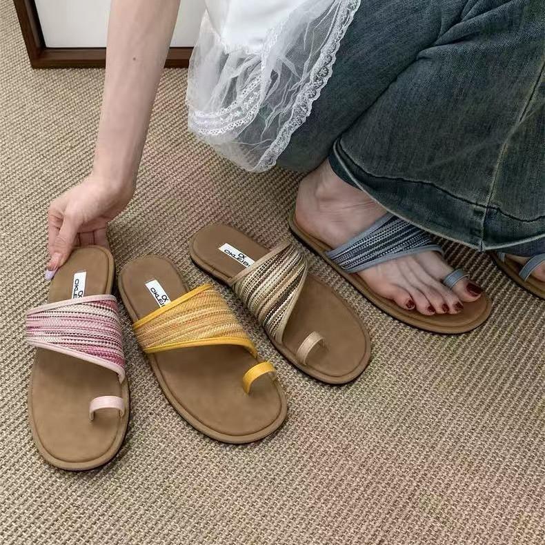 Flat-bottomed Toe French Sandals Fairy Wind Wear 2025 Summer Vintage Woven Seaside Roman Beach Slippers
