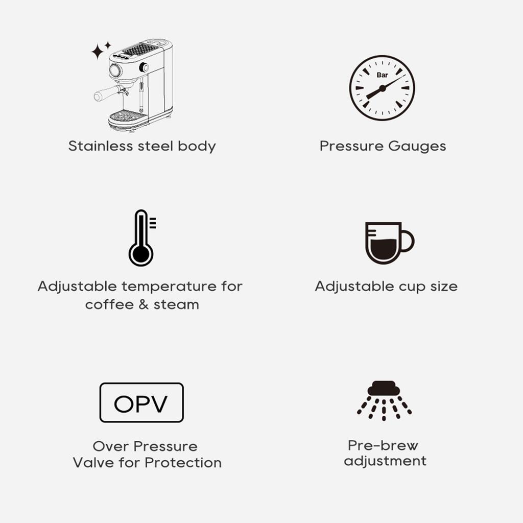 Semi automatic Coffee Machine Stainless Steel 20Bar Double Boiler Coffee Maker Steam Milk Frother with 10mm Steam Wand