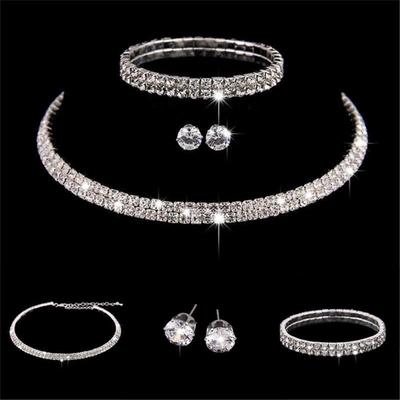 3pcs/set Rhinestone Crystal Choker Necklace Earrings and Bracelet Wedding Jewelry Sets