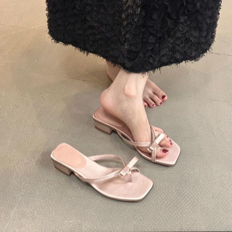 Thick heel bow slippers fairy outer wear 2025 new summer French beautiful small sandals toe vacation sandals