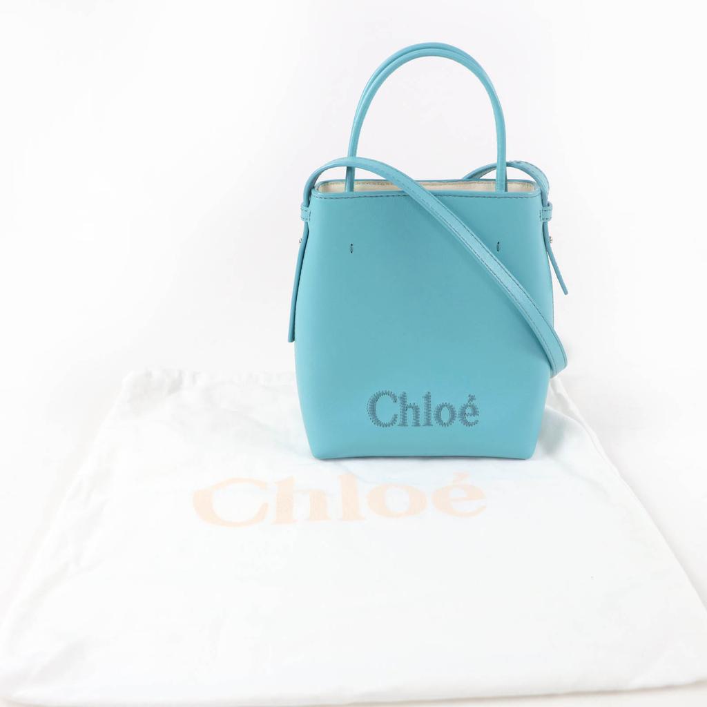 Excellent Chloe Shoulder Bag Sense Micro Tote Bag Logo Embroidery Leather Blue Used