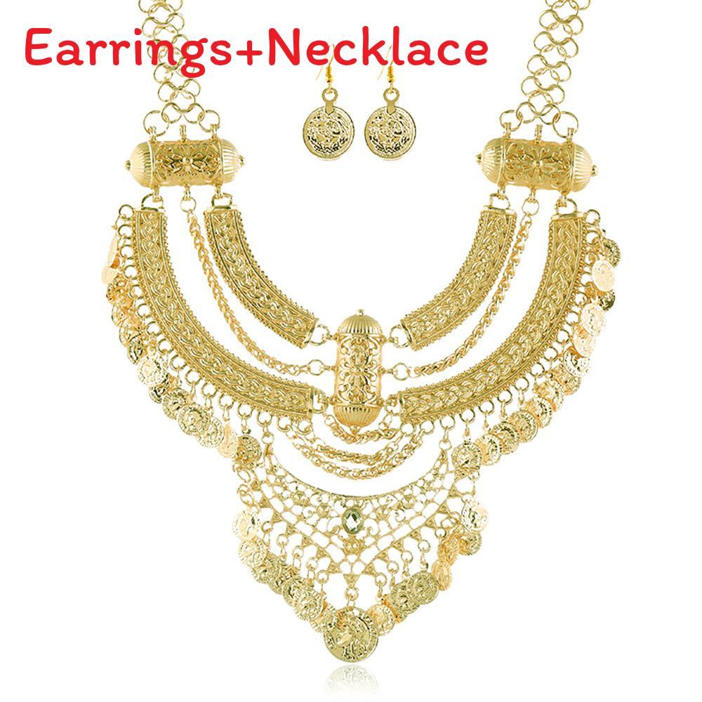 Finish Antique Coin Necklace Earrings With Bold Chain Women Accessories Elegant