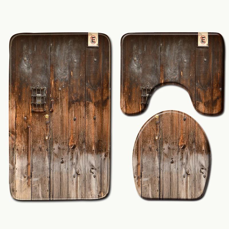 Wood Grain Board Texture Toilet Carpet Set Bathroom Non-Slip Floor Mat Doormat