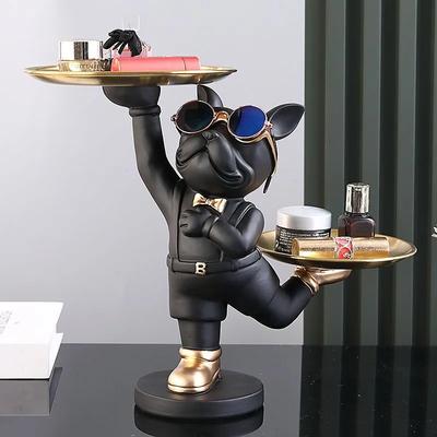 Home Decor Bulldog Statue for Desktop Storage Animal Sculpture Dining Table Decor Multifunctional Office Home Decor Tray Decor
