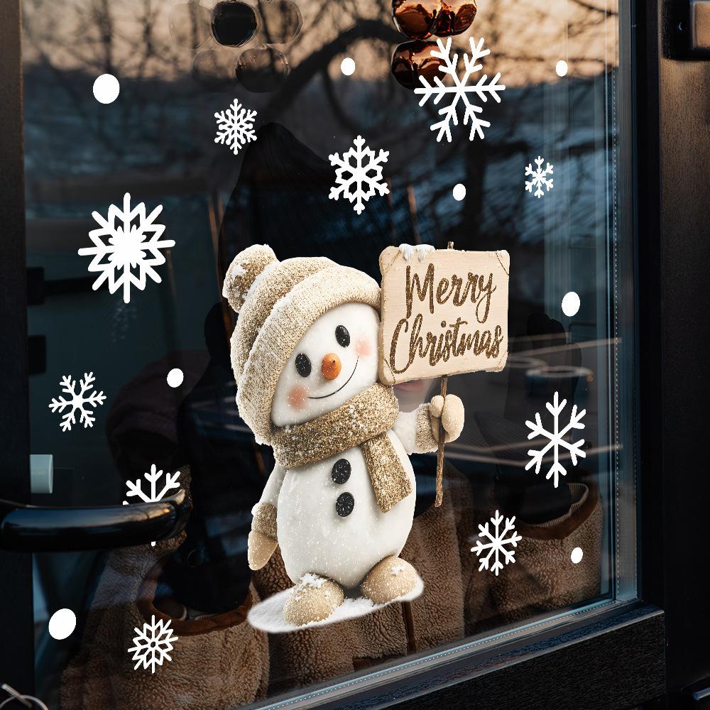 1pc Adorable Snowman with Wooden Sign & Snowflake Glass Stickers - Self-Adhesive PVC Christmas Decoration for Windows & Doors