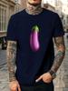 Unisex Navy Crew Neck Tee Single Vivid Purple Eggplant Cartoon Graphic Fresh Vegetable Vegan Farm Style Soft Cotton Casual Top