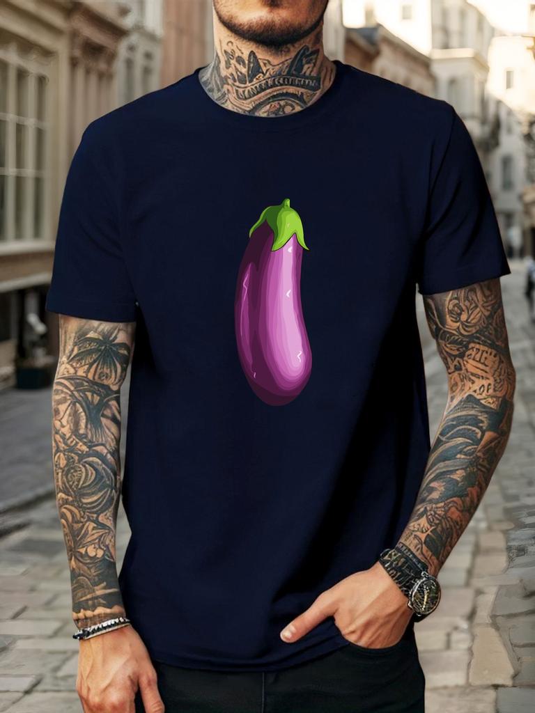 Unisex Navy Crew Neck Tee Single Vivid Purple Eggplant Cartoon Graphic Fresh Vegetable Vegan Farm Style Soft Cotton Casual Top