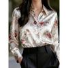 2026 New Vintage Floral Print Satin Blouse for Women Loose Fit Office Commute Long Sleeve Shirt