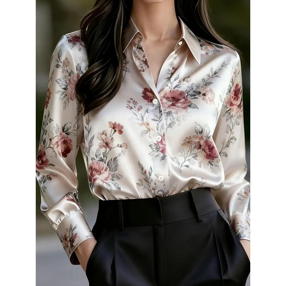 2026 Новая Винтажная Атласная Блузка с Цветочным Принтом для Женщин Свободного Кроя Рубашка с Длинным Рукавом для Офиса и Поездок S