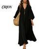 Comfortable Women Dress Women's Deep V Neck Maxi Dress, Puff 3/4 Sleeve Elegant Casual A-Line Flowy Loose Boho Beach Sundress Versatile