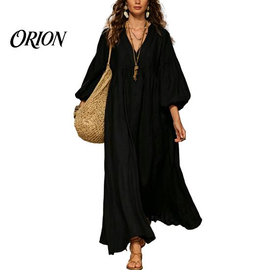 Comfortable Women Dress Women's Deep V Neck Maxi Dress, Puff 3/4 Sleeve Elegant Casual A-Line Flowy Loose Boho Beach Sundress Versatile