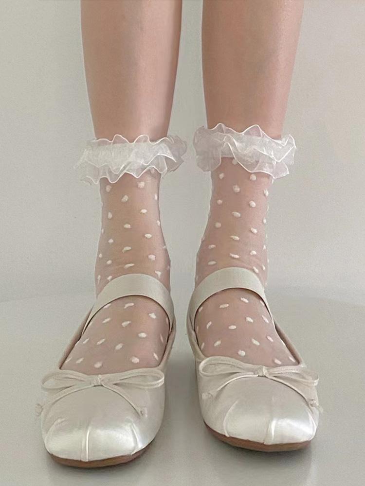 3 Pairs Female Mesh Polka Dot Black Fungus Edge Thin Design Japanese Style Glass Silk Short Socks Lace Lace Mid Tube Socks
