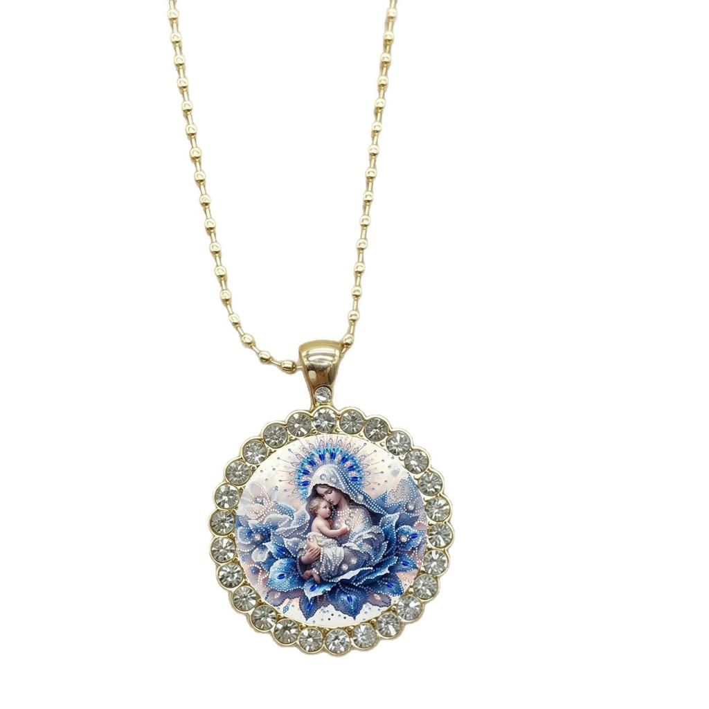 European and American New Blue Flower Round Glass Necklace, Versatile Light Luxury Fashion Ins Simple Accessory
