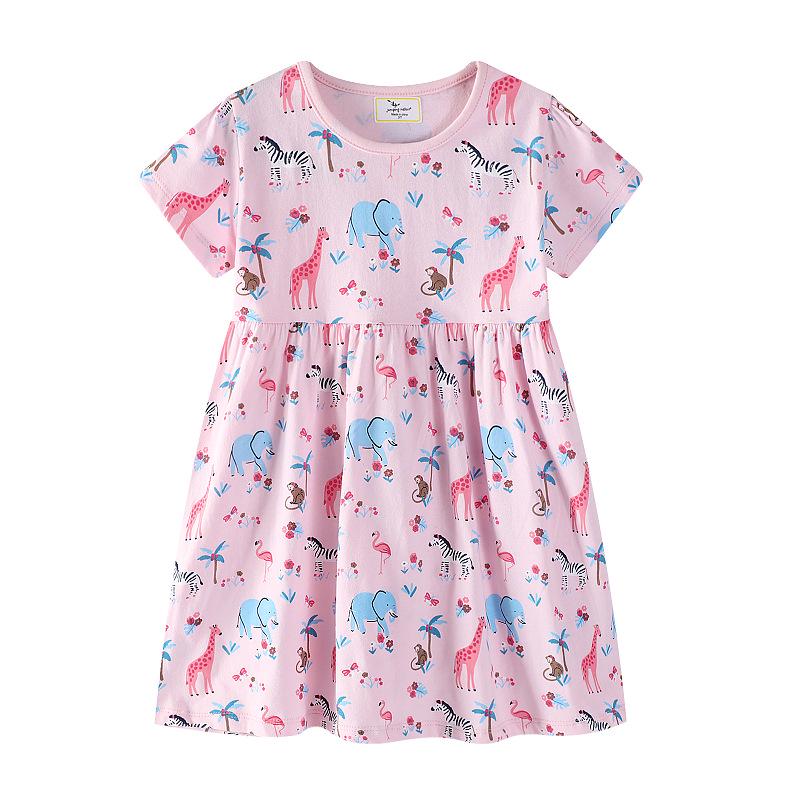 Jump KuaJing Girls Short-Sleeved Cartoon Print Dress - Stylish Spring/Summer New Arrival for Girls 120-130cm