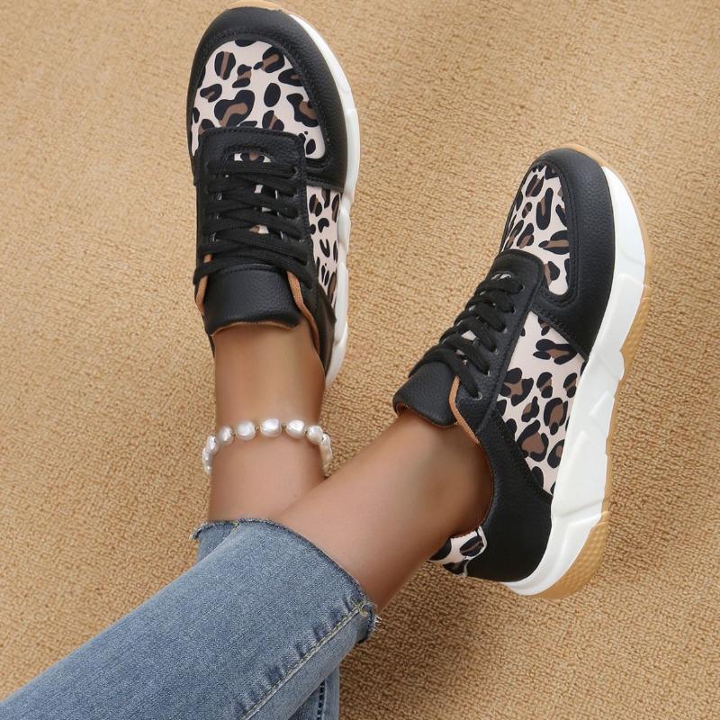 Women‘s Shoes Spring Leopard Print Casual Single Flat Lace-Up Large Size Sports.