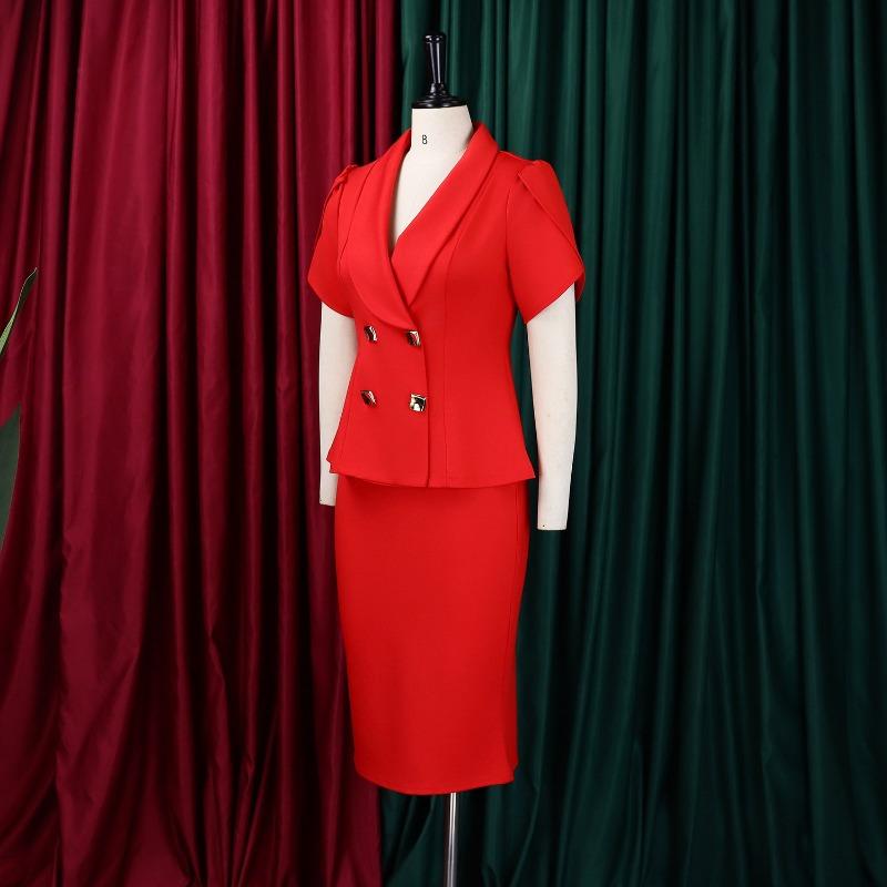 Women Plus Size Turn Down Collar Elegant Casual Two Piece Skirt Suit