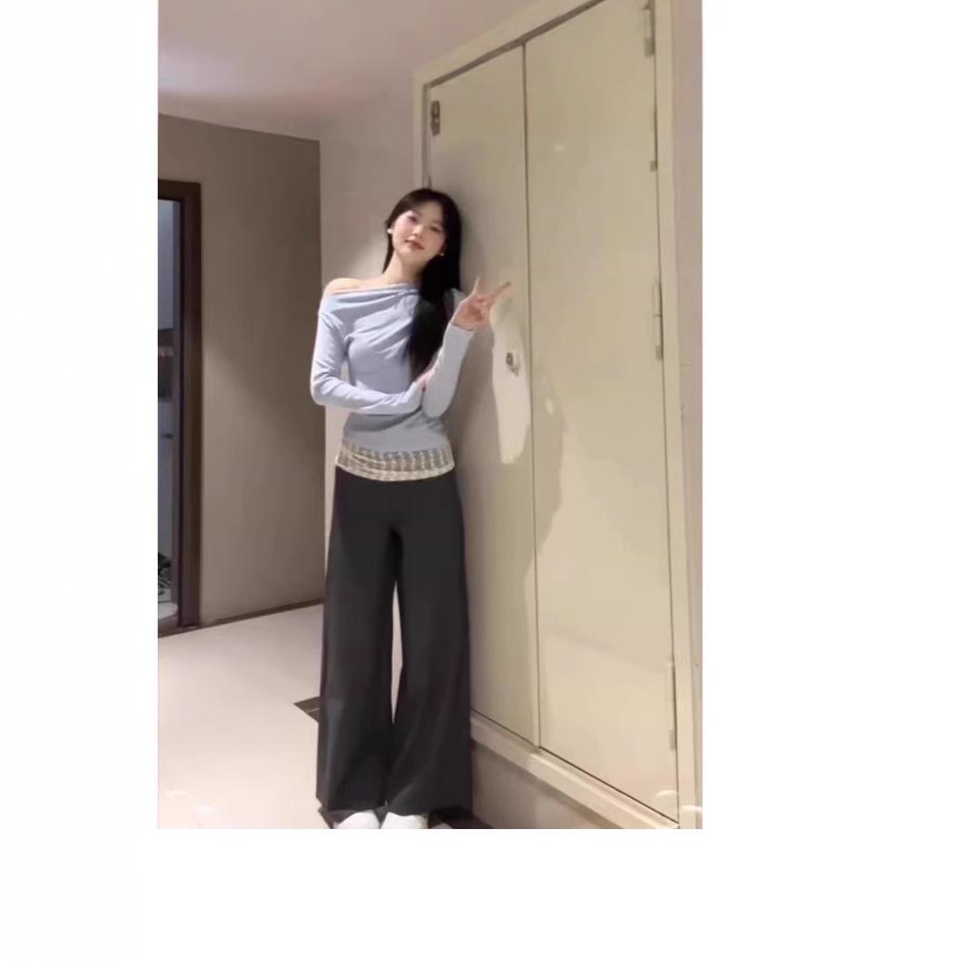 

Women s One-Shoulder Lace Patchwork Long Sleeve Top - Spring Waist-Slimming Design XL світло-синій колір