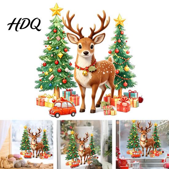Elk Tree Glass Stickers 1/2 Sheets Christmas Reindeer Window Cling Car Gift Box Winter Decoration Sticker Static Sticker Waterproof Decal,