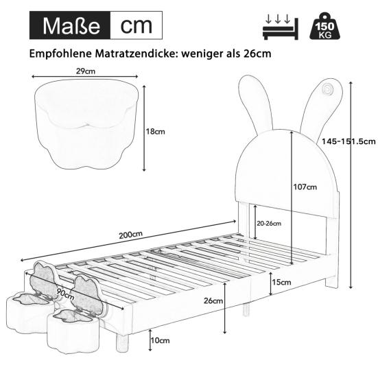 Polsterbett 90x200, mit zwei Stauraumhockern, LED-Nachttischleuchte, Ausklappbare Hasenohren, Ohne Matratze, Jugendbett, Lattenrost, Höhenverstellbar