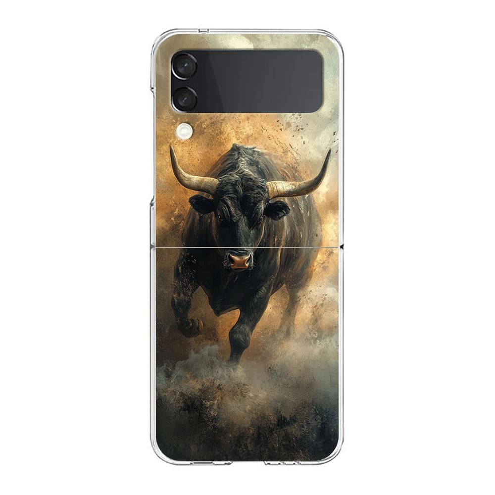 Phone Case For Samsung Galaxy Z Flip 3 4 5 Hard Folding Clear PC Bumper For Samsung Z Flip 6 Back Cover Bull Animal